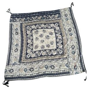 Johnny Was Blue White  silk Boho Floral Print Square Scarf Tassel Detail